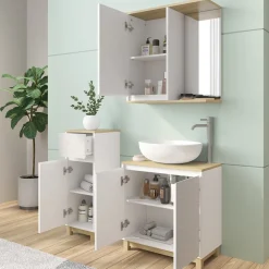 Badmöbel-Set Livia Weiß/Eiche 3 Teile, mit Midischrank Vicco