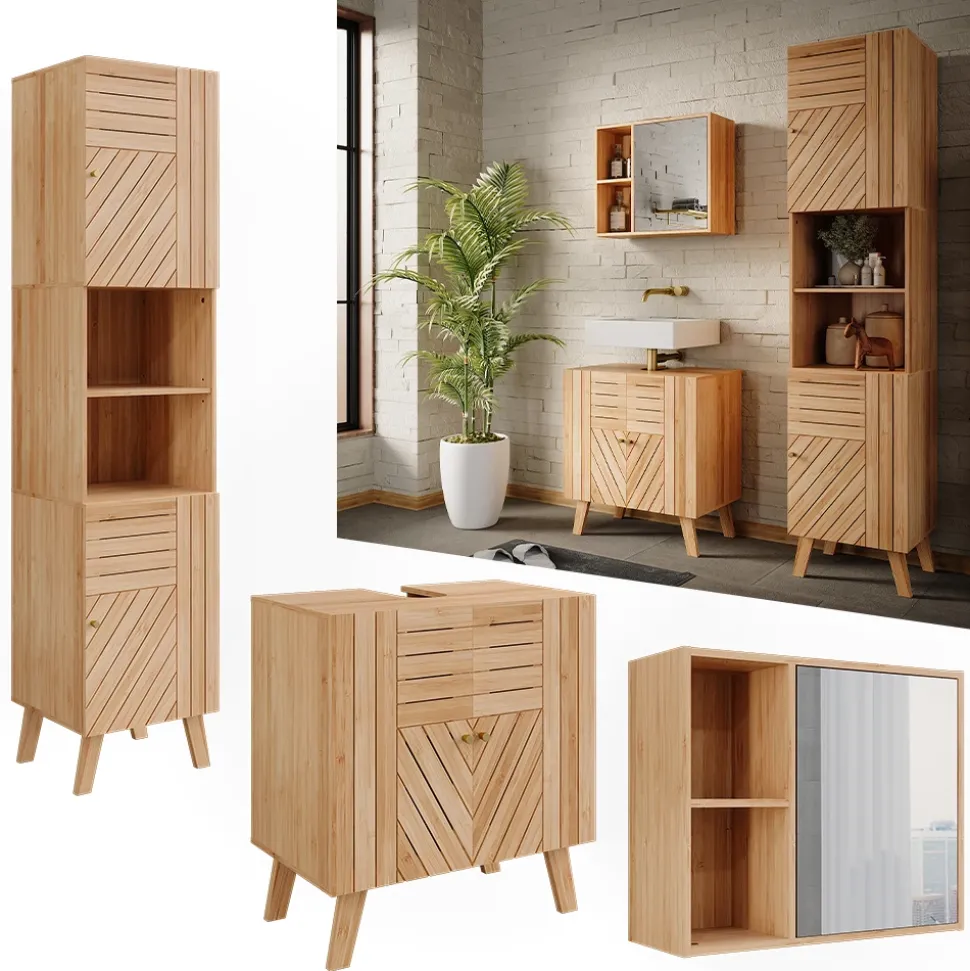 Badmöbel-Set Lucie Bambus 3 Teile, mit Hochschrank Vicco