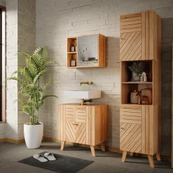 Badmöbel-Set Lucie Bambus 3 Teile, mit Hochschrank Vicco