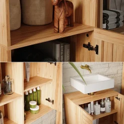 Badmöbel-Set Lucie Bambus 3 Teile, mit Hochschrank Vicco