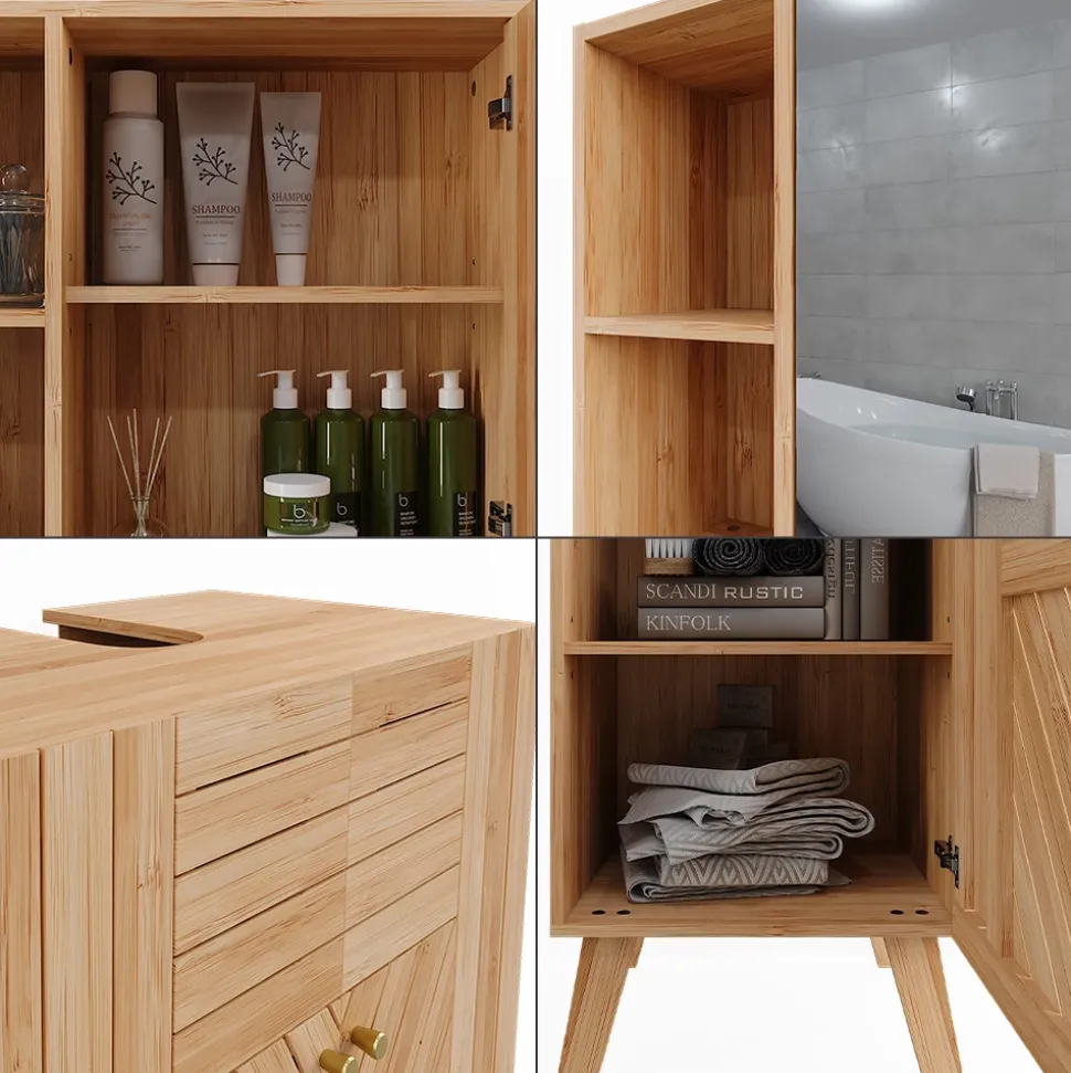 Badmöbel-Set Lucie Bambus 3 Teile, mit Hochschrank Vicco