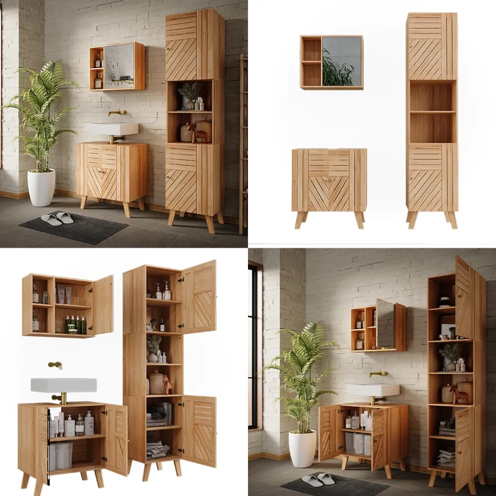 Badmöbel-Set Lucie Bambus 3 Teile, mit Hochschrank Vicco