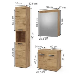 Badmöbel-Set Luna Eiche Wotan 3 Teile, mit Hochschrank Vicco