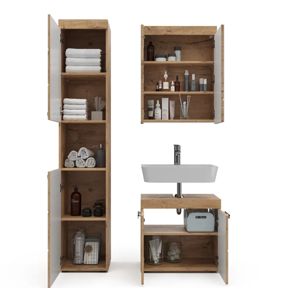 Badmöbel-Set Luna Eiche Wotan 3 Teile, mit Hochschrank Vicco