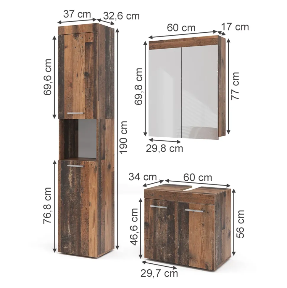 Badmöbel-Set Luna Oldstyle 3 Teile, mit Hochschrank Vicco