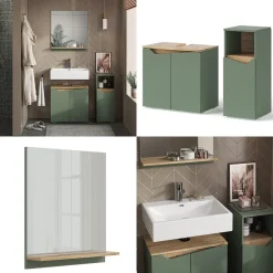 Badmöbel-Set Marelle Grün/Artisan 3 Teile, mit Midischrank Vicco
