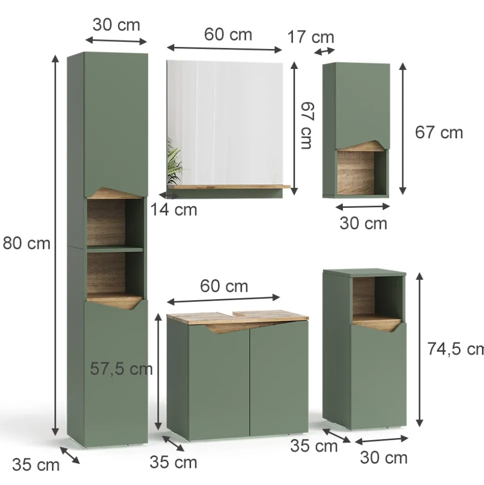 Badmöbel-Set Marelle Grün/Artisan 5 Teile Vicco