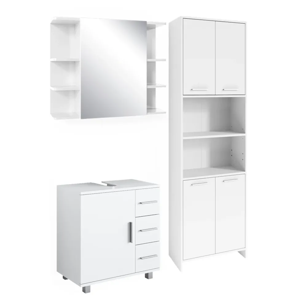 Badmöbel-Set Maris Weiß 3 Teile, mit Hochschrank, Bad Spiegelschrank und Waschbeckenunterschrank Vicco