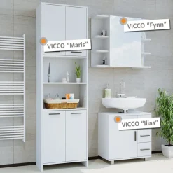 Badmöbel-Set Maris Weiß 3 Teile, mit Hochschrank, Bad Spiegelschrank und Waschbeckenunterschrank Vicco
