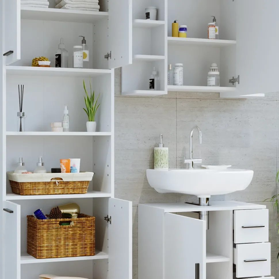 Badmöbel-Set Maris Weiß 3 Teile, mit Hochschrank, Bad Spiegelschrank und Waschbeckenunterschrank Vicco