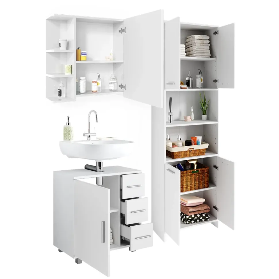 Badmöbel-Set Maris Weiß 3 Teile, mit Hochschrank, Bad Spiegelschrank und Waschbeckenunterschrank Vicco