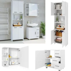 Badmöbel-Set Maris Weiß 3 Teile, mit Hochschrank, Bad Spiegelschrank und Waschbeckenunterschrank Vicco