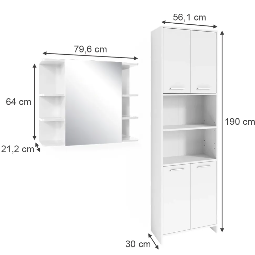 Badmöbel-Set Maris Weiß 2 Teile, mit Hochschrank und Bad Spiegelschrank Vicco