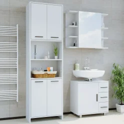 Badmöbel-Set Maris Weiß 2 Teile, mit Hochschrank und Bad Spiegelschrank Vicco