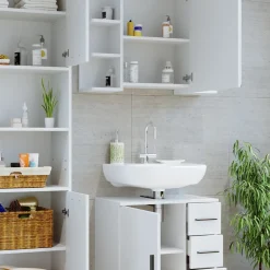 Badmöbel-Set Maris Weiß 2 Teile, mit Hochschrank und Bad Spiegelschrank Vicco