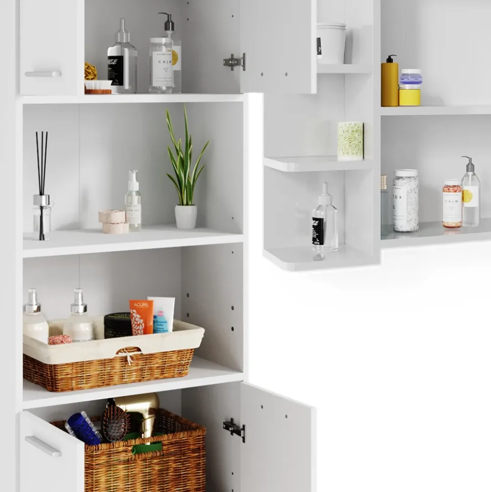 Badmöbel-Set Maris Weiß 2 Teile, mit Hochschrank und Bad Spiegelschrank Vicco