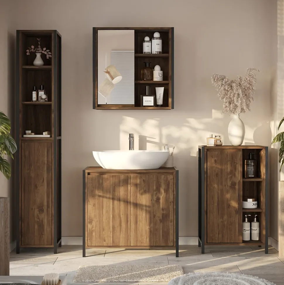 Badmöbel-Set Naola Eiche/Schwarz 4 Teile Vicco