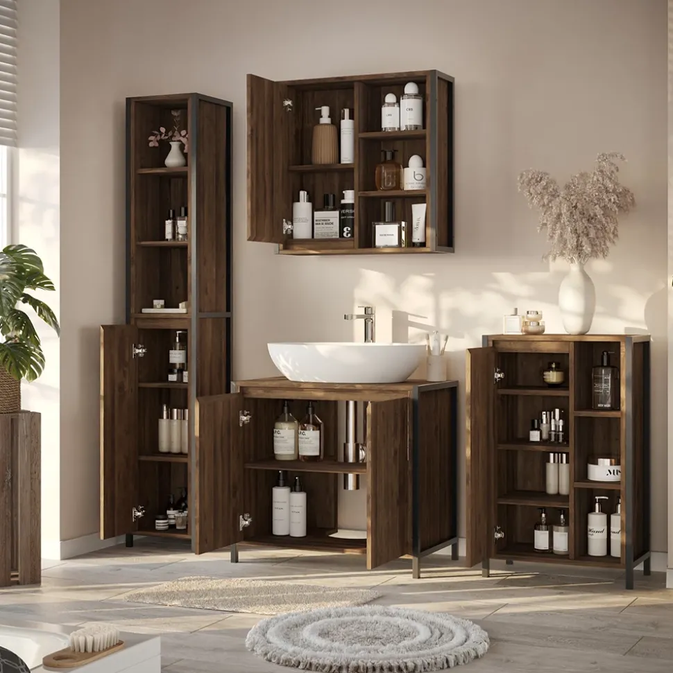 Badmöbel-Set Naola Eiche/Schwarz 4 Teile Vicco