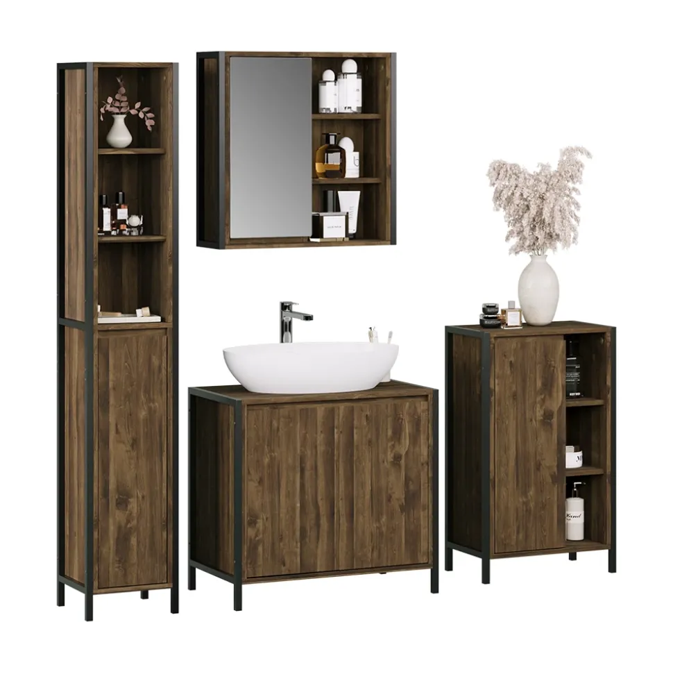 Badmöbel-Set Naola Eiche/Schwarz 4 Teile Vicco