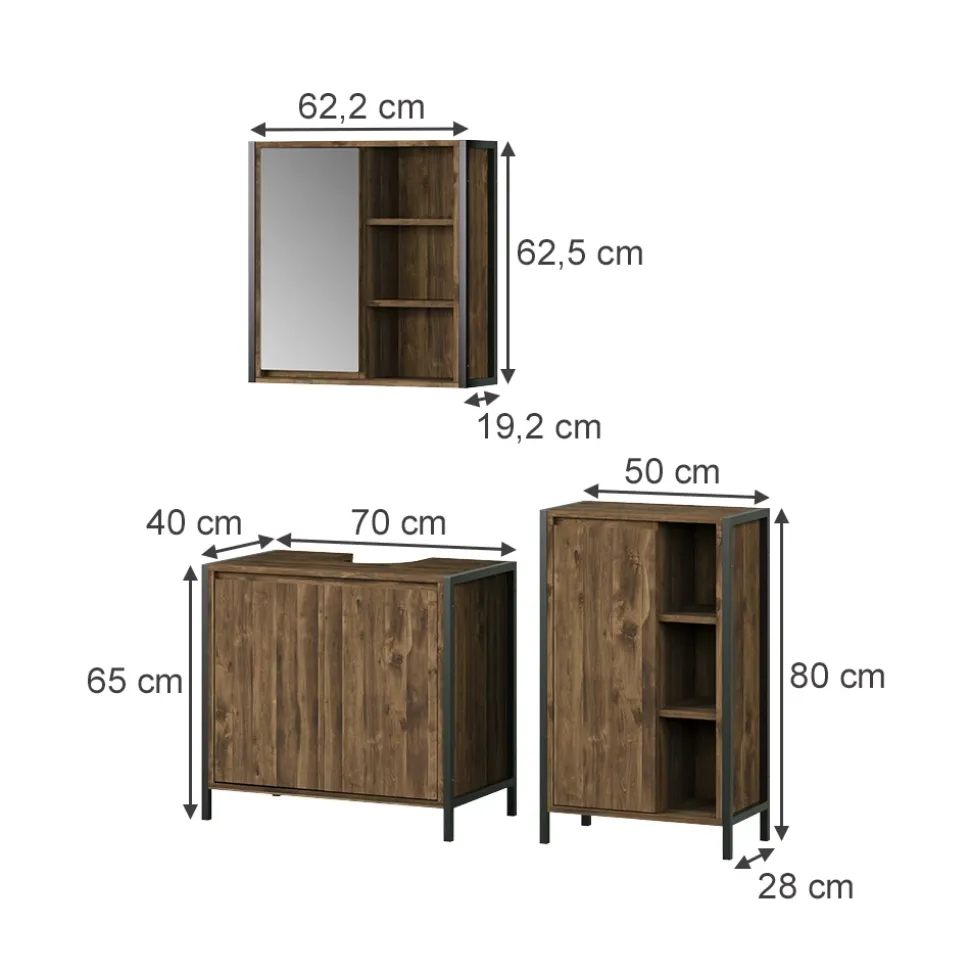 Badmöbel-Set Naola Eiche/Schwarz 3 Teile Vicco