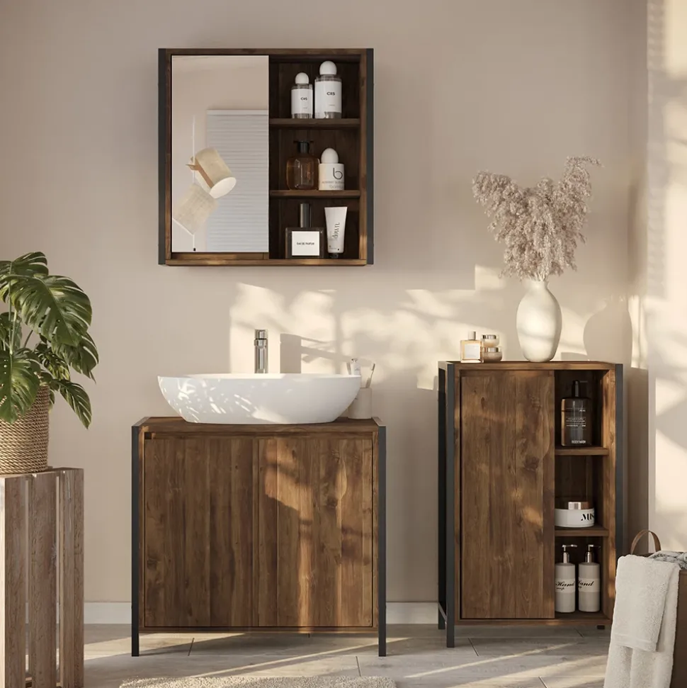 Badmöbel-Set Naola Eiche/Schwarz 3 Teile Vicco