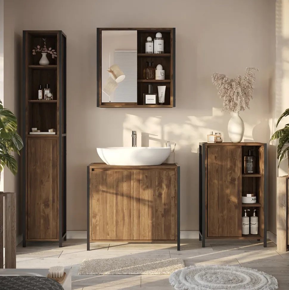 Badmöbel-Set Naola Eiche/Schwarz 3 Teile Vicco
