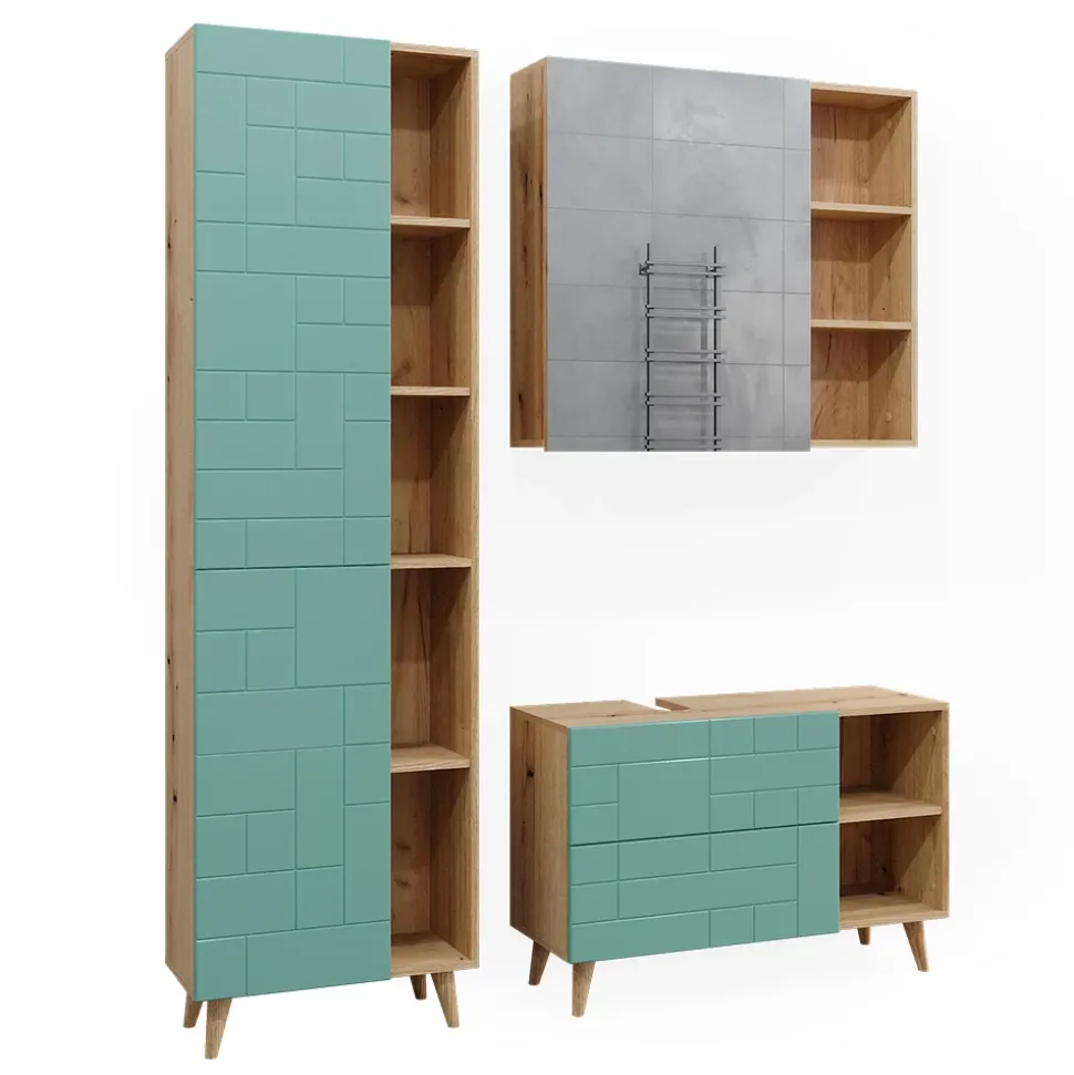 Badmöbel-Set Rudi Mintgrün 3 Teile, mit Hochschrank Vicco