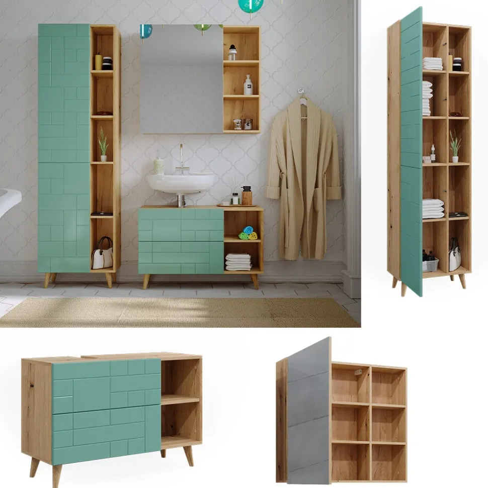 Badmöbel-Set Rudi Mintgrün 3 Teile, mit Hochschrank Vicco