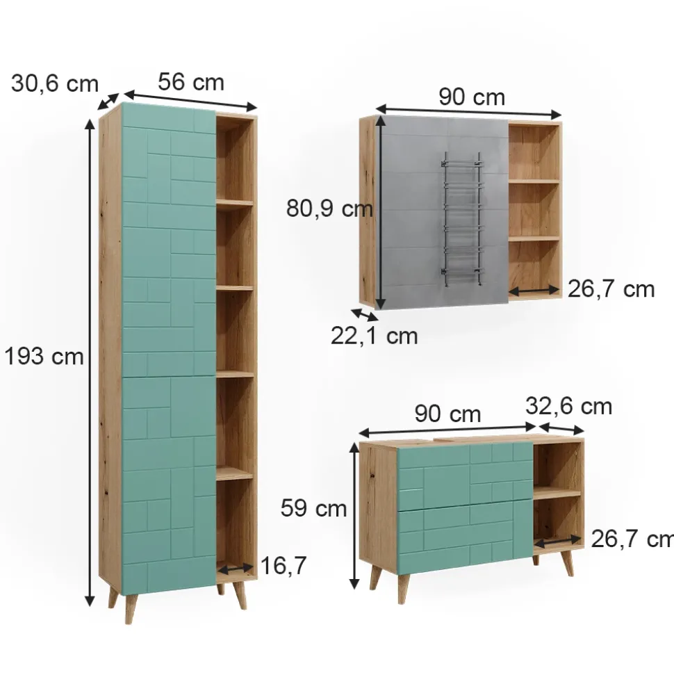 Badmöbel-Set Rudi Mintgrün 3 Teile, mit Hochschrank Vicco