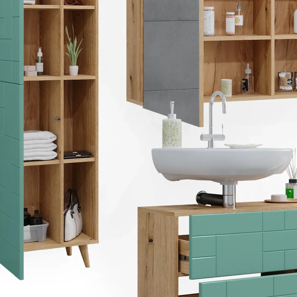 Badmöbel-Set Rudi Mintgrün 3 Teile, mit Hochschrank Vicco
