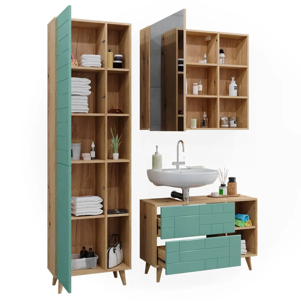 Badmöbel-Set Rudi Mintgrün 3 Teile, mit Hochschrank Vicco