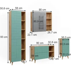 Badmöbel-Set Rudi Mintgrün 4 Teile, mit Hochschrank Vicco