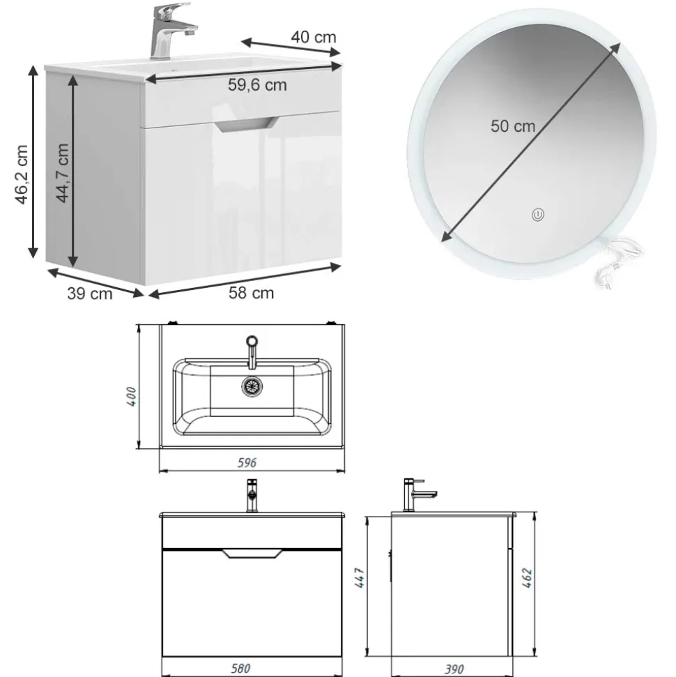 Badmöbel-Set Stefanie Weiß 3 Teile, mit Unterschrank 60 cm und Led Spiegel Vicco