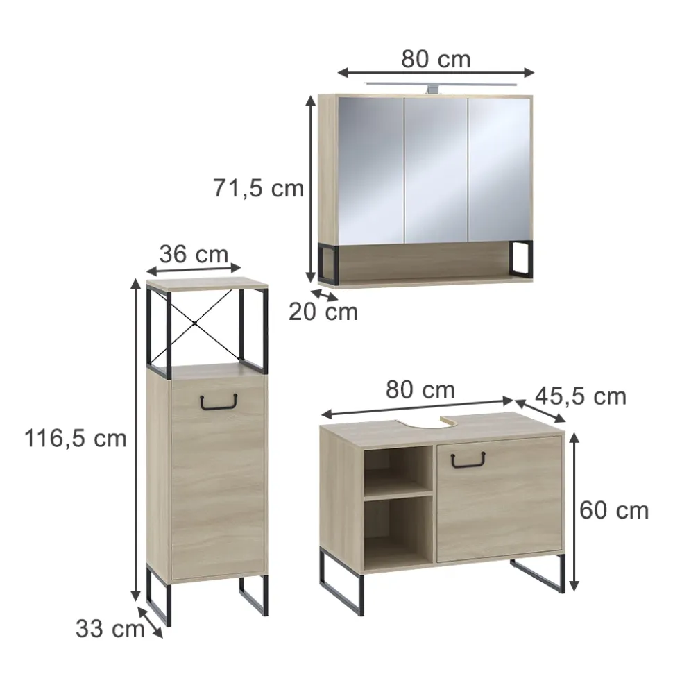 Badmöbel-Set Vionna Eiche/Schwarz 3 Teile Vicco