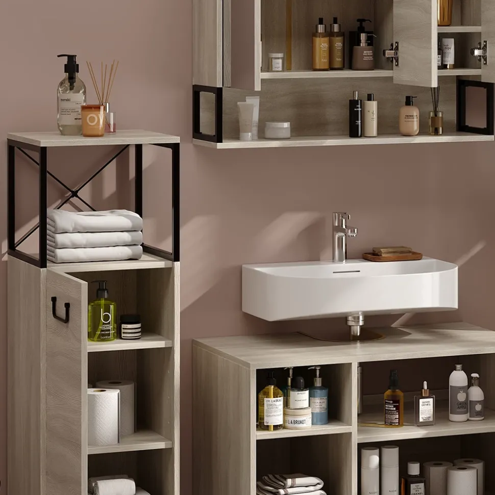 Badmöbel-Set Vionna Eiche/Schwarz 3 Teile Vicco