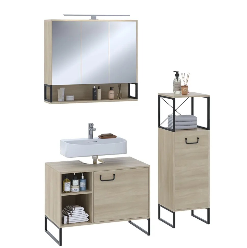 Badmöbel-Set Vionna Eiche/Schwarz 3 Teile Vicco