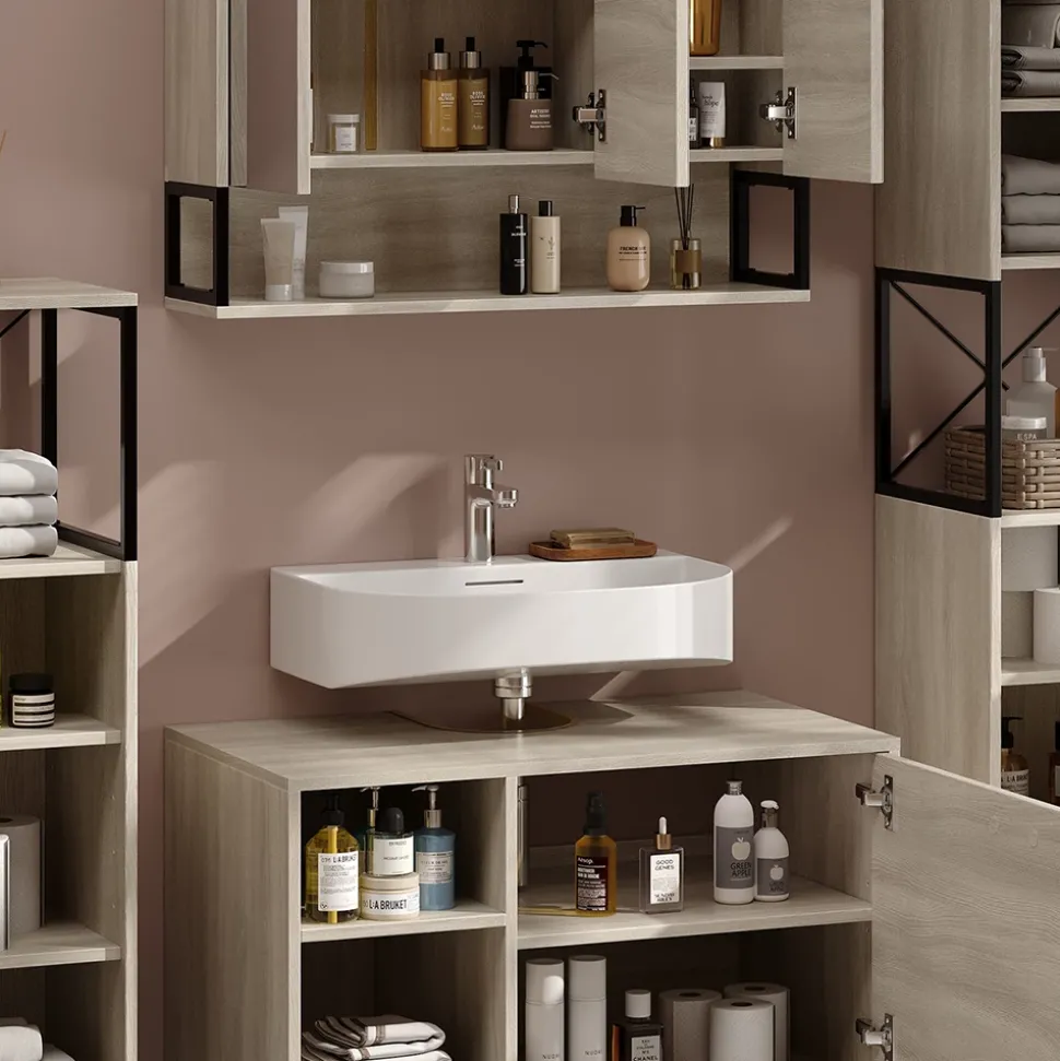 Badmöbel-Set Vionna Eiche/Schwarz 4 Teile Vicco