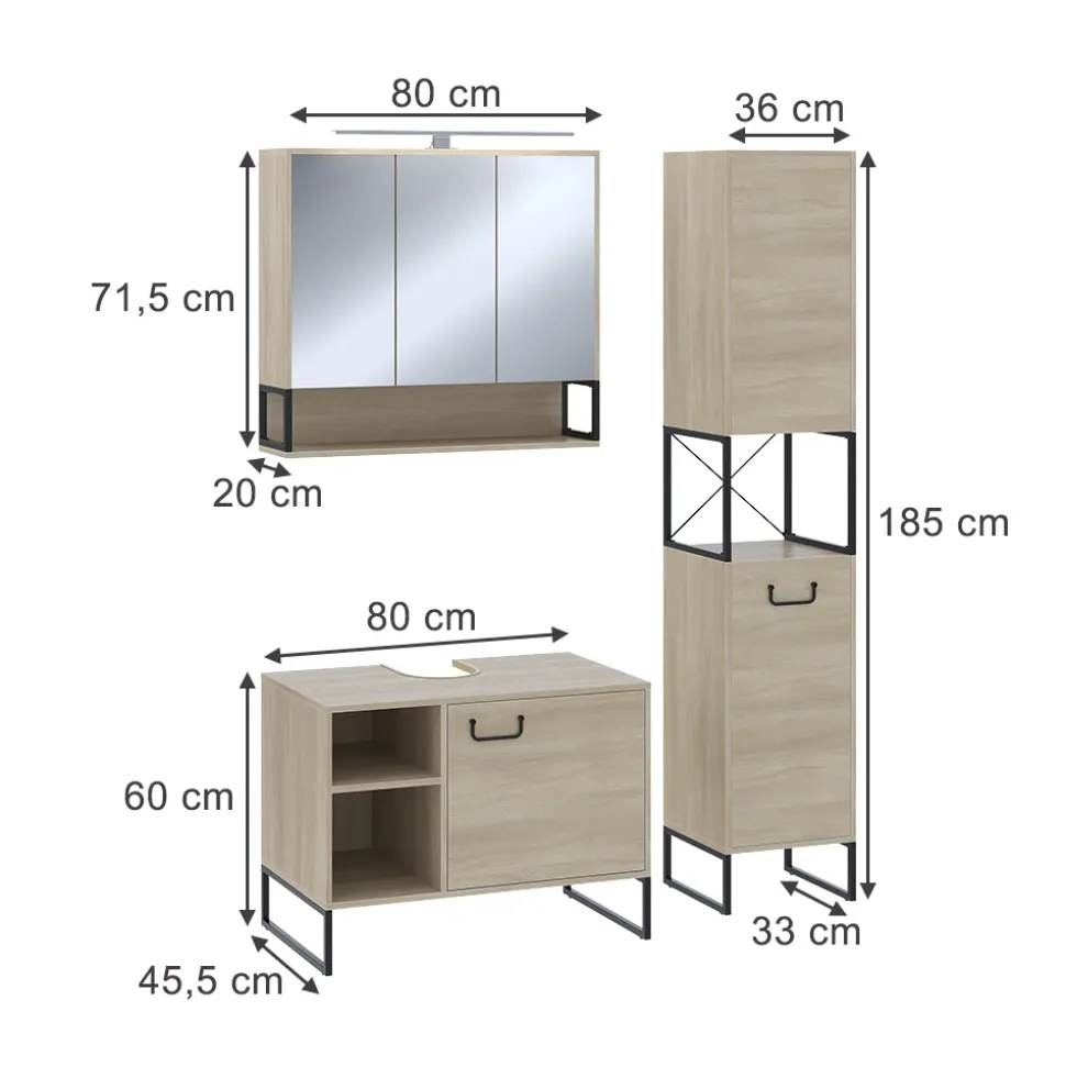 Badmöbel-Set Vionna Eiche/Schwarz 3 Teile Vicco