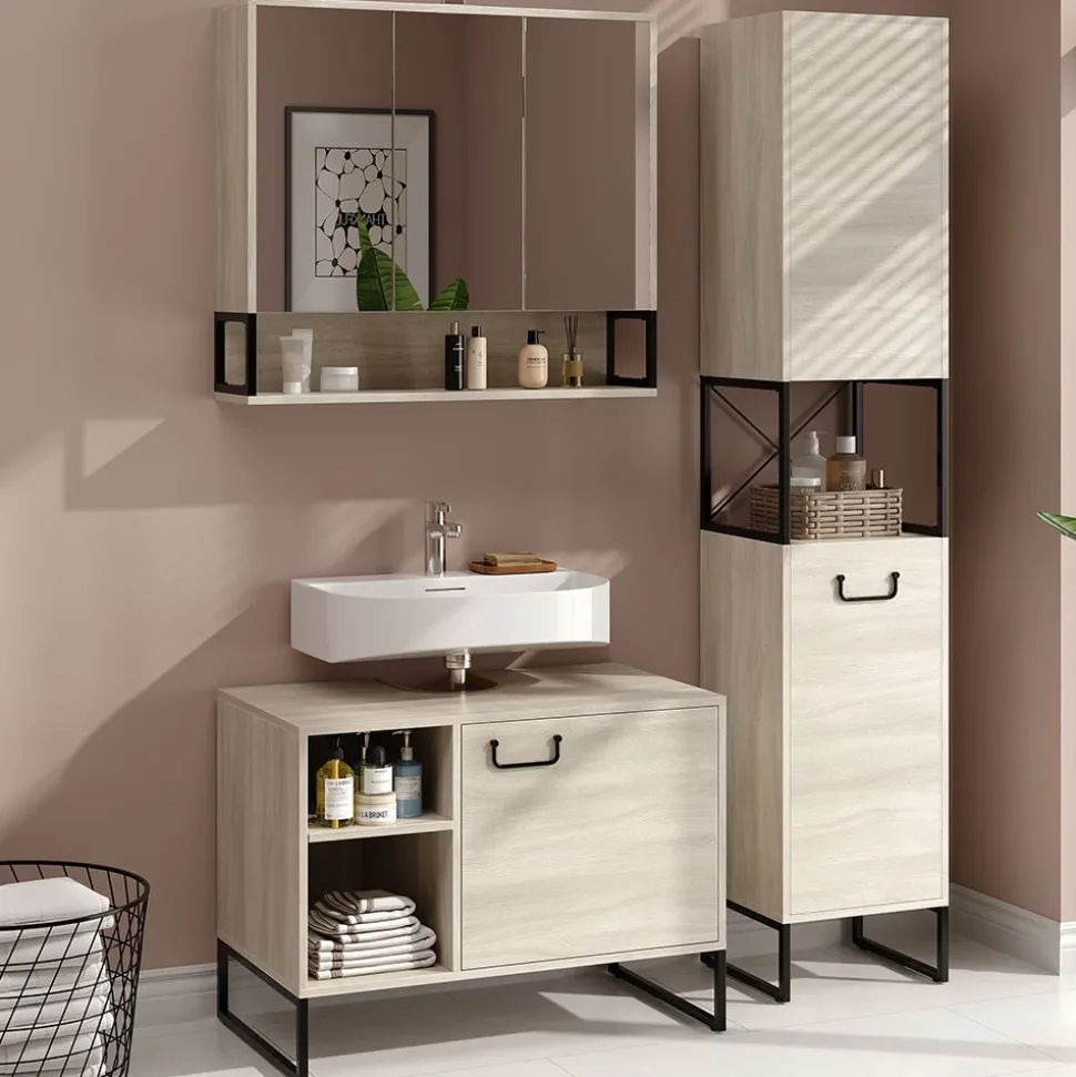 Badmöbel-Set Vionna Eiche/Schwarz 3 Teile Vicco