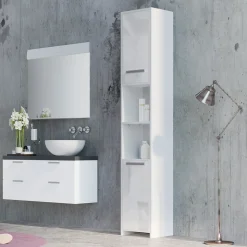 Badschrank Weiß Hochglanz/Weiß 30 x 190 cm Vicco