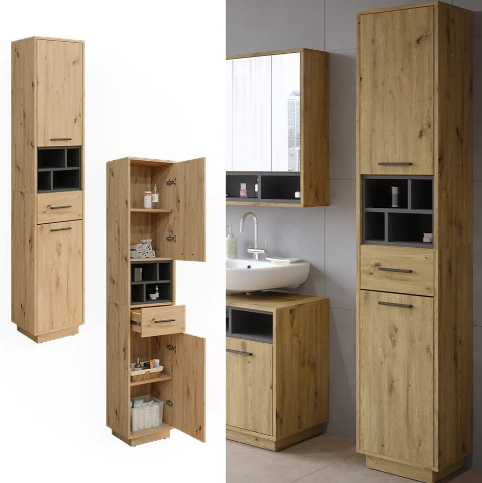 Badschrank Beatrice Artisan Eiche/Anthrazit 38 x 190 cm mit Türen, Schublade Vicco