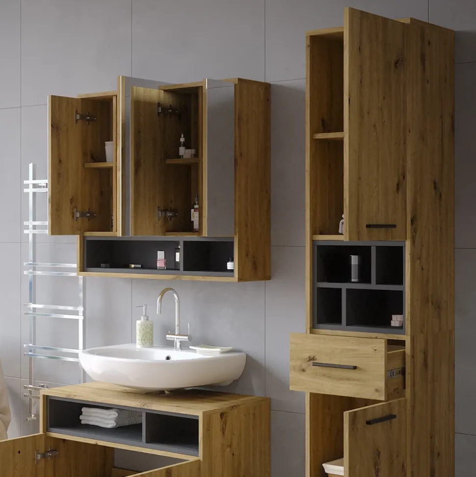 Badschrank Beatrice Artisan Eiche/Anthrazit 38 x 190 cm mit Türen, Schublade Vicco