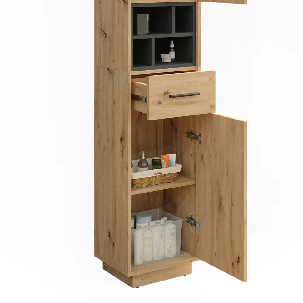 Badschrank Beatrice Artisan Eiche/Anthrazit 38 x 190 cm mit Türen, Schublade Vicco