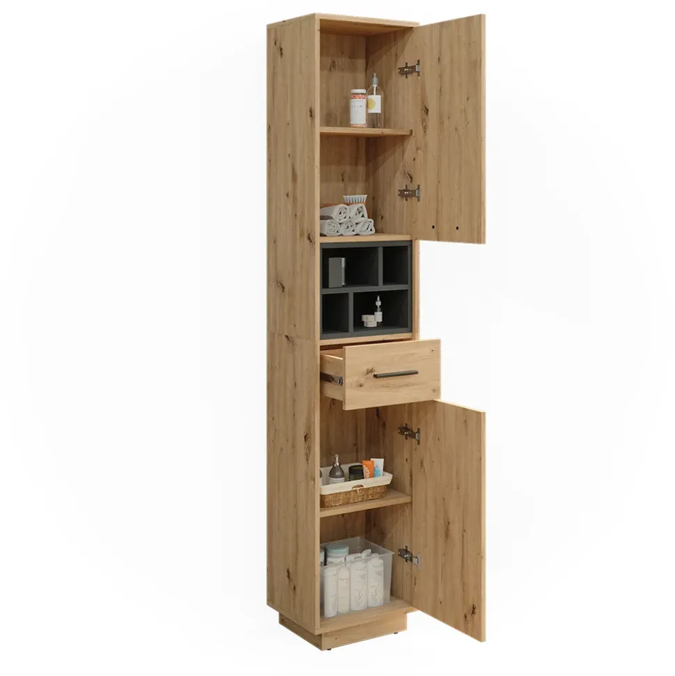 Badschrank Beatrice Artisan Eiche/Anthrazit 38 x 190 cm mit Türen, Schublade Vicco