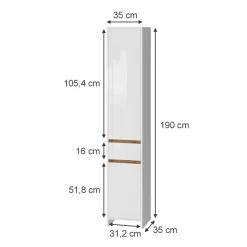 Badschrank Detmold Weiß Hochglanz/Goldkraft Eiche 35 x 190 cm mit 2 Türen und eine Schublade Vicco