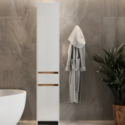 Badschrank Detmold Weiß Hochglanz/Goldkraft Eiche 35 x 190 cm mit 2 Türen und eine Schublade Vicco