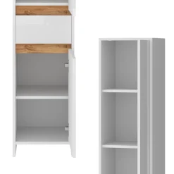 Badschrank Detmold Weiß Hochglanz/Goldkraft Eiche 35 x 190 cm mit 2 Türen und eine Schublade Vicco