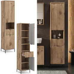Badschrank Eliza Viking Oak 40 x 190 cm mit Tür und Schublade Vicco