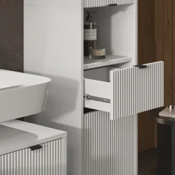 Badschrank Eliza Weiß 40 x 190 cm mit Türen, und Schublade Vicco