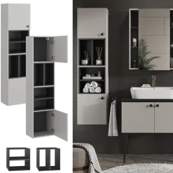 Badschrank Gerta Grau 37.5 x 150 cm mit Tür und offenen Fächern Vicco